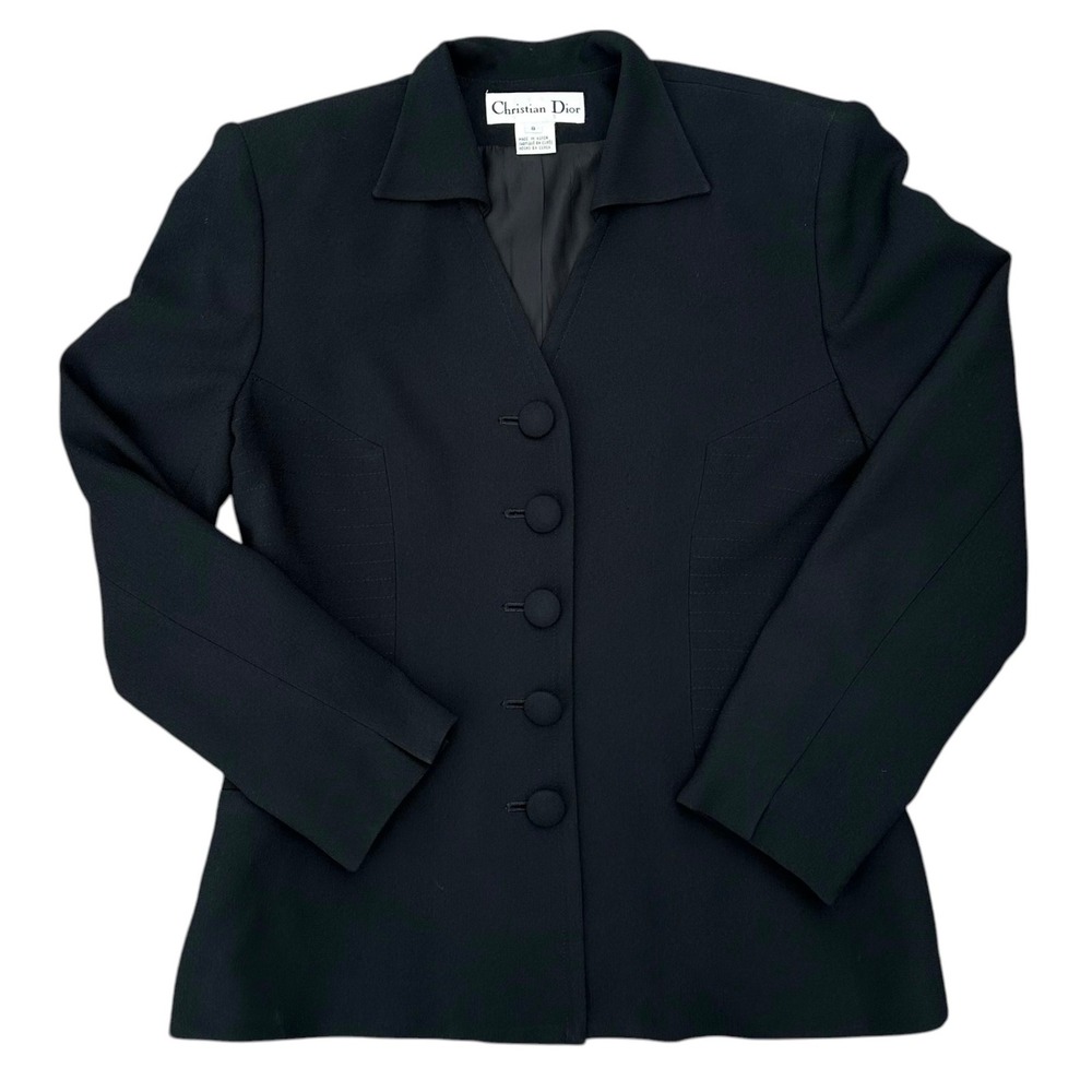 Vintage 90s Christian Dior Black Blazer Suit Jacket Womens Size 8 Fabric Buttons